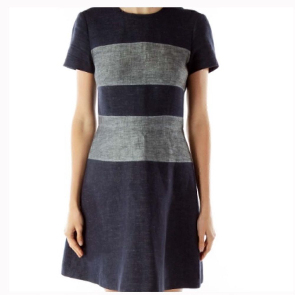 BCBGMAXAZRIA Navy Gray Colorblock Striped A Line Dress